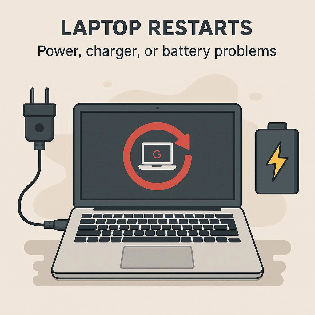 نقش مشکلات برق، شارژر یا باتری در ریستارت شدن لپ‌تاپ