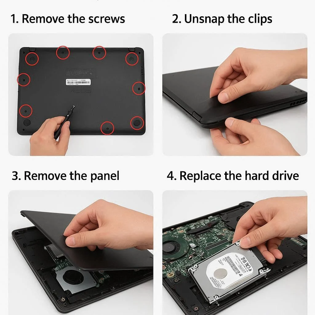 مراحل باز کردن لپ تاپ ایسوس برای ارتقا هارد