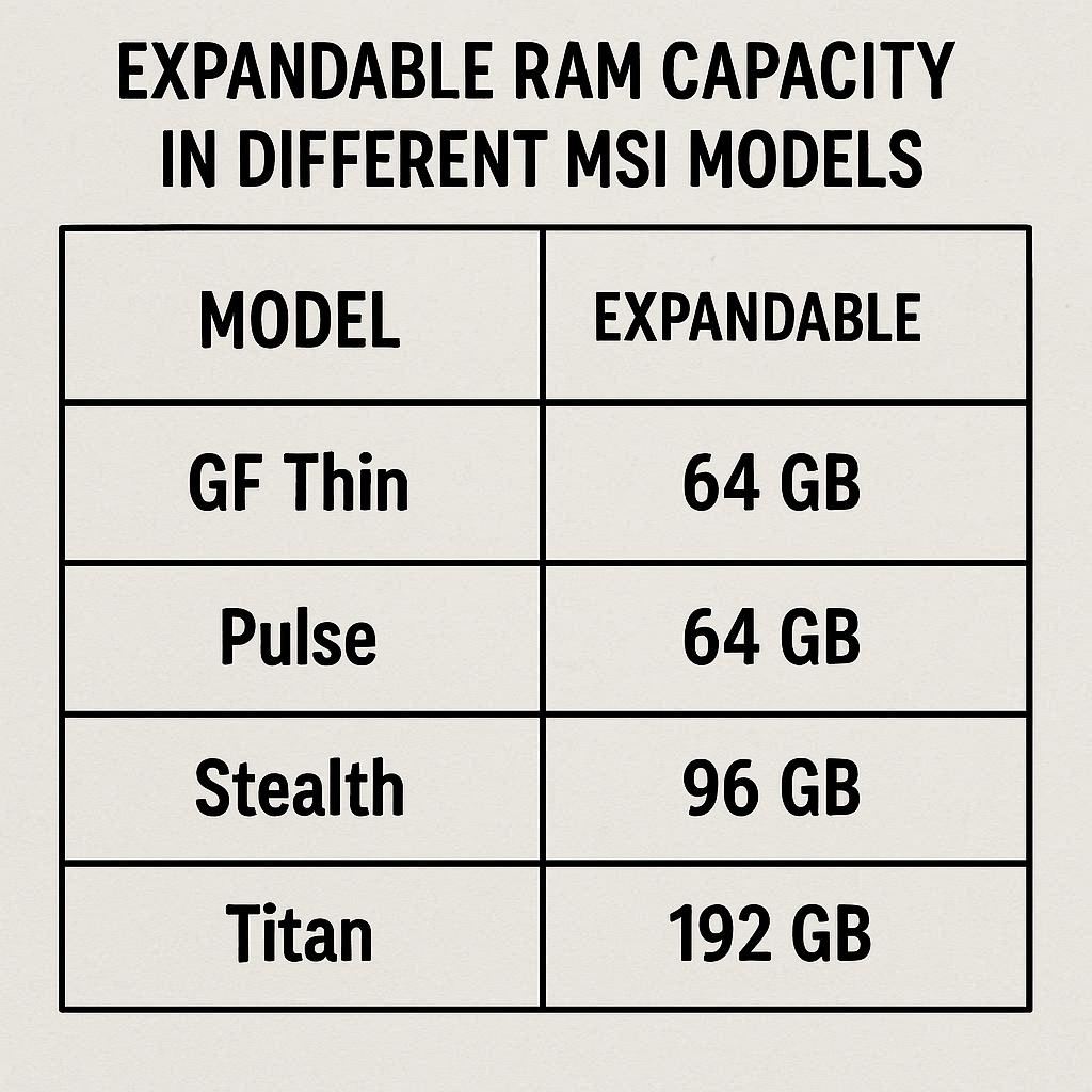 ظرفیت قابل ارتقای رم در مدل‌های مختلف لپ تاپ MSI