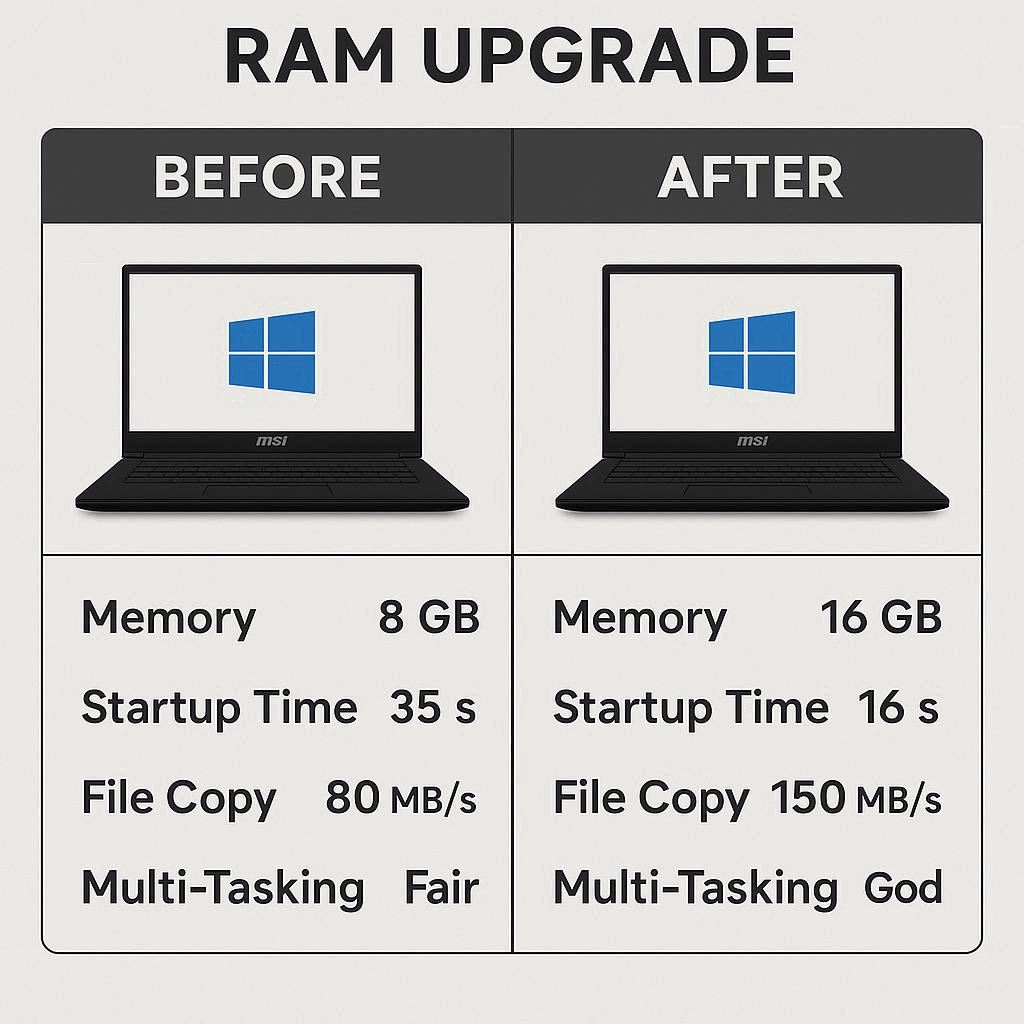 مقایسه عملکرد قبل و بعد از ارتقا رم در MSI